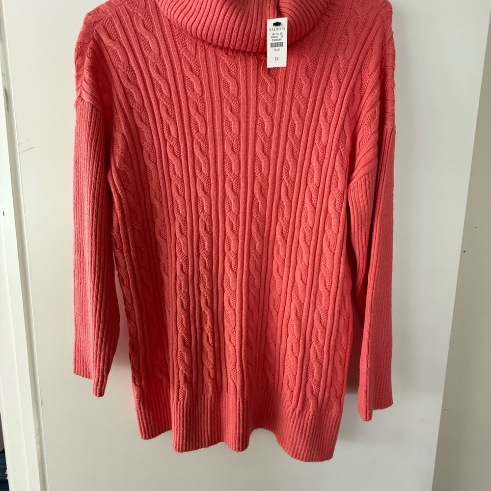 Talbots Vibrant Coral Cable Knit Turtleneck Sweater